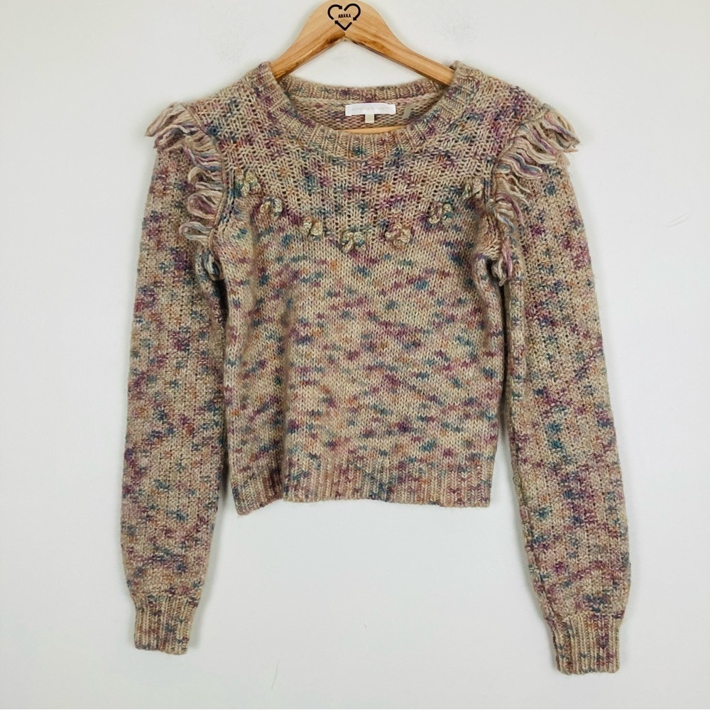LoveShackFancy tan, cream and pink sweater with textured details & puff sleeve.